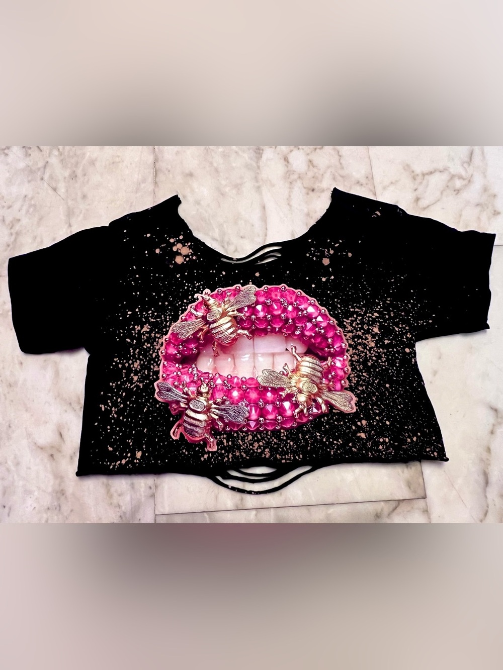 Black Short Sleeve Crop Tee with Pink Embellished Lips